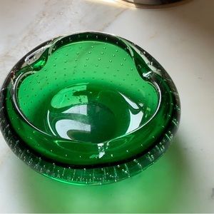 Handmade glass MCM ashtray in beautiful green with integrated bubbles. 6 1/2”